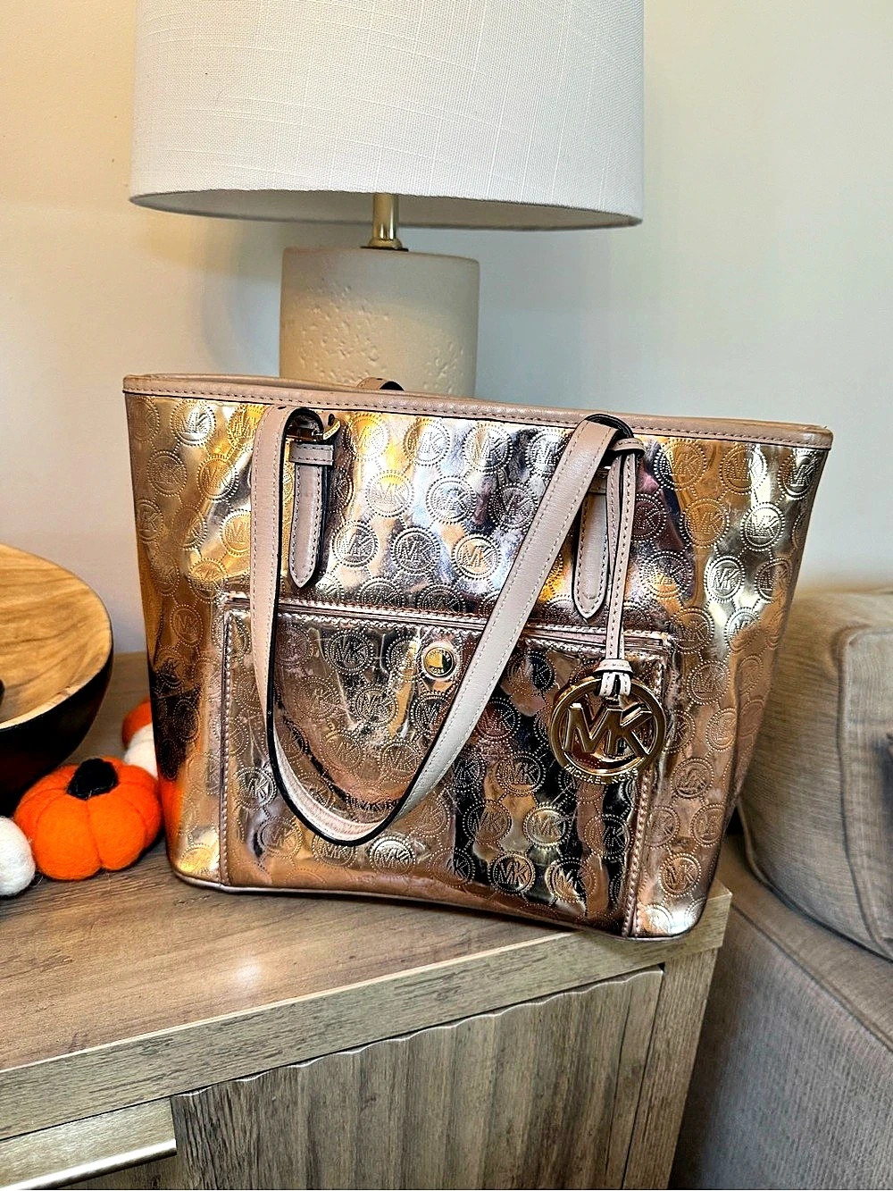 Michael Kors Jet Set Metallic Monogram Pocket Tote-some signs of wear
